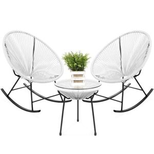 3-Piece Patio Woven Rope Acapulco Rocking Chair Bistro Set - No Glass for Table 