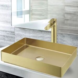 AKDY Gold Stainless Steel Rectangular Bathroom Vessel Sink with High Arc Faucet 