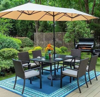 Black 7-Piece Metal Slat Rectangle Table Patio Outdoor Dining Set - No Umbrella 