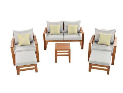 Harper & Bright Designs 6-Piece Solid Wood Patio Conversation Set with Gray Cushions, Ottomans and Pillows 