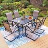 Phi Villa Black 7-Piece Metal Patio Outdoor Dining Set with Slat Rectangle Table and Textilene C-Spring Chairs - One Chair Needs a Screw, Paint Scratched on a Chair 