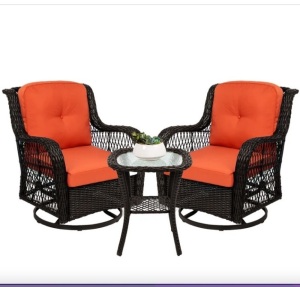 3-Piece Patio Wicker Bistro Furniture Set w/ 2 Swivel Rocking Chairs, Table