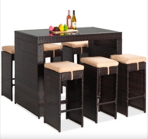 7-Piece Wicker Bar Patio Dining Set w/ Glass Table Top, 6 Stools