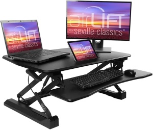 Seville Classics airLIFT Height Adjustable Stand Up Desk Converter/Riser, Keyboard Tray, Dual Monitors, Quick Lift L Table, Full (36"), Black - Appears New