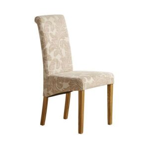 Scroll Back Patterned Beige Fabric Chair with Solid Oak Legs, Set of 2 