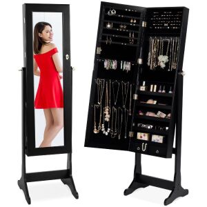 Full Length Freestanding Jewelry Mirror Armoire w/ Velvet Interior