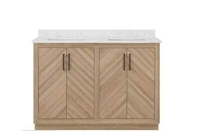 Glacier Bay Huckleberry 48 in. W x 19 in. D x 34 in. H Double Sink Bath Vanity in Weathered Tan with White Engineered Marble Top 