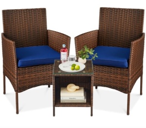 3-Piece Outdoor Patio Wicker Bistro Set w/ Side Storage Table