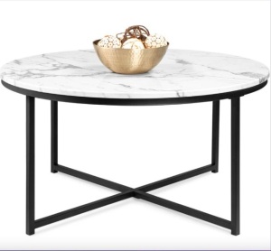 Round Coffee Table w/ Faux Marble Top, Metal Frame - 36in