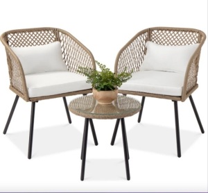 3-Piece Outdoor Diamond Weave Wicker Bistro Set w/ Tempered Glass Side Table