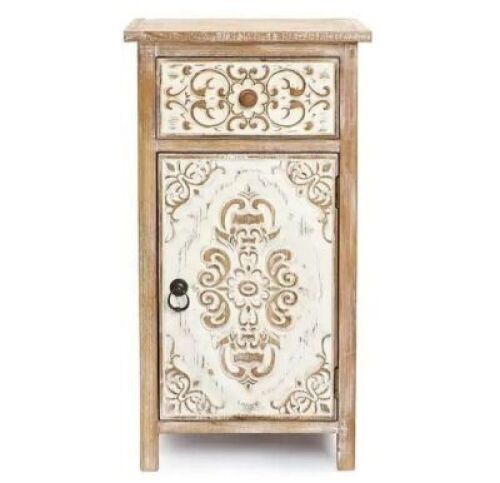 LuxenHome 30.125 in. H Natural Wood Floral Carved 1-Door Accent Table