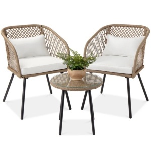 3-Piece Outdoor Diamond Weave Wicker Bistro Set w/ Tempered Glass Side Table 22.5"(L) x 21"(W) x 32"(H)