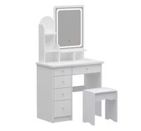 5-Drawers White Wood&nbsp;Vanity Dressing Table with Stool, Mirror and 3-Tier Storage Shelves&nbsp;