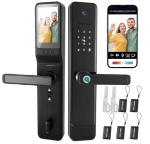 4 in 1 Smart Door Lock with Video Camera and Monitor Door Handle Wi-Fi Camera, Doorbell, Video Call, Keypad Lock Fingerprint Keyless Entry Door Lock, App Control, Black