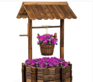 Rustic Wooden Wishing Well Planter Yard Decoration w/ Hanging Bucket