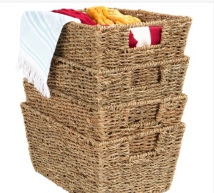 Set of 4 Seagrass Storage Tote Baskets, Laundry Organizer w/ Insert Handles