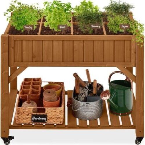 Elevated Mobile Pocket Herb Garden Bed w/ Lockable Wheels, Storage Shelf