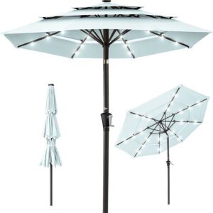 3-Tier Solar Patio Umbrella w/ LED Lights, Tilt Adjustment, Crank - 10ft