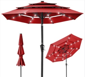 3-Tier Solar Patio Umbrella w/ LED Lights, Tilt Adjustment, Crank - 10ft