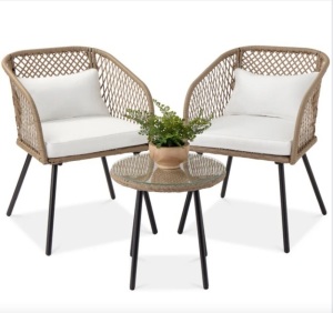 3-Piece Outdoor Diamond Weave Wicker Bistro Set w/ Tempered Glass Side Table