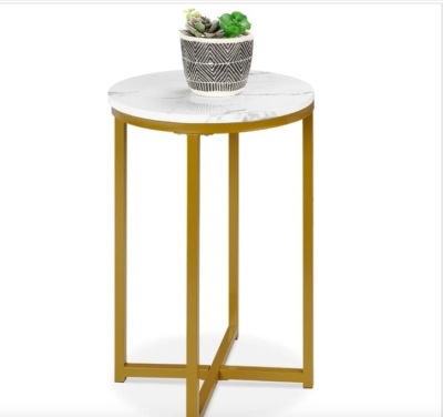 Round Coffee Side Table w/ Faux Marble Top, Metal Frame - 16in