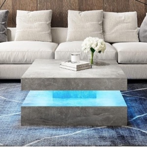 LED Coffee Table for Living Room, 31inch Wooden Square 2-Tier Modern Middle Center Table, Coffee Table with 16-Color Plug-in LED Light, Cocktail Tea Table for Home Office Reception Room