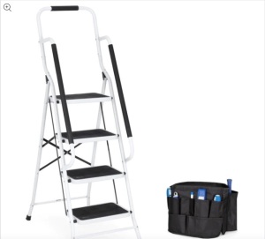 4-Step Portable Folding Ladder w/ Handrails, Attachable Tool Bag