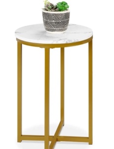 Round Coffee Side Table w/ Faux Marble Top, Metal Frame - 16in