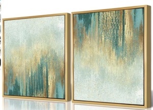 QTESPEII Abstract Wall Art Gold Frame Sage Teal Print Paintings Vintage Linen Canvas Artwork for Bedroom Living Room Minimalist Decorations Rustic Modern Home Office Décor 12"x12" 2 Pieces