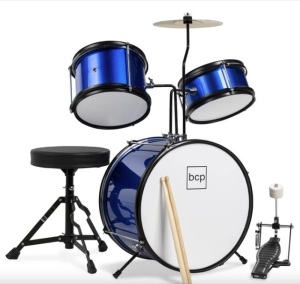 Kids Beginner 3-Piece Drum, Musical Instrument Set w/ Sticks, Stool, Pedal