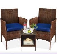 3-Piece Outdoor Patio Wicker Bistro Set w/ Side Storage Table
