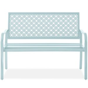 Indoor Outdoor Steel Bench w/ Geometric Backrest, Foot Levelers