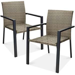 Set of 2 Stackable Wicker Chairs w/ Armrests, Steel Accent Furniture