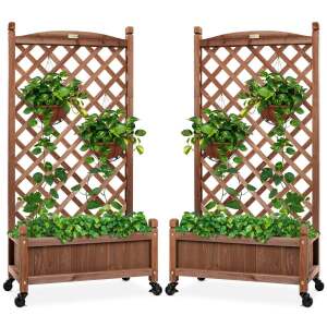 Set of 2 Wood Planter Box & Lattice Trellis w/ Optional Wheels - 48in