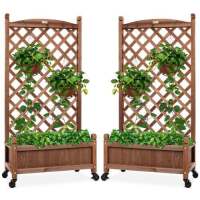 Set of 2 Wood Planter Box & Lattice Trellis w/ Optional Wheels - 48in