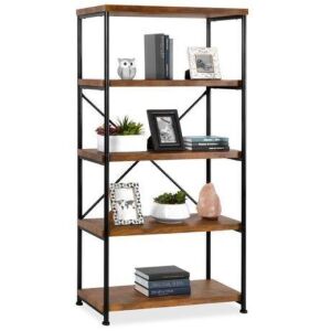 5-Tier Industrial Bookshelf w/ Metal Frame, Wood Shelves