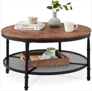 2-Tier Round Industrial Wood & Steel Coffee Table, Storage Shelves - 35.5in