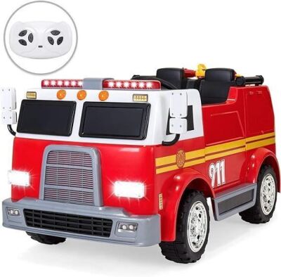 12V RC Fire Truck Ride On w/ USB Port, LED Lights and Sounds, Red