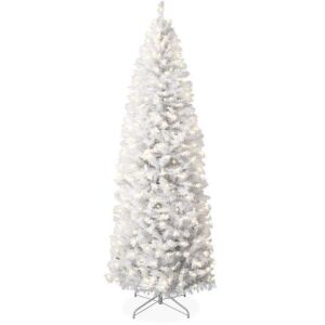 7.5' Pre-Lit White Pencil Christmas Tree w/ Metal Base, Incandescent Lights