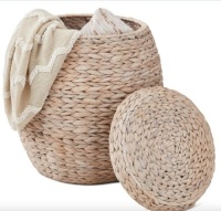 Vintage Hyacinth Storage Tote Basket, Organizer w/ Lid
