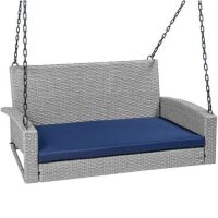 Woven Wicker Hanging Porch Swing Bench w/ Mounting Chains, Seat Cushion