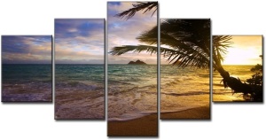 Lot of (3) Beach Ocean Paintings on Canvas, 5 Piece Wall Art, 60" x 32" - Appears New 