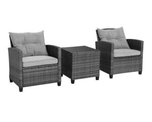 3-Piece Outdoor Wicker Patio Conversation Set with Gray Cushions Tempered Glass Side Table - Missing 3 Cushions 