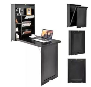 23.5 in. Black Wall Mounted Computer Convertible Floating Desk with Storage Bookcases 