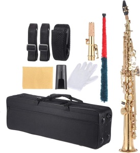 Brass Straight Soprano Sax Saxophone, Bb B Flat Woodwind Instrument Natural Shell Key Carve Pattern with Carrying Case Gloves Cleaning Cloth Straps Cleaning Rod