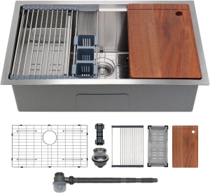 Kitchen Sink 32" x 19" Multifunctional Undermount Workstation Kitchen Sink S304 Stainless Steel Handmade Modern Single Bowl Kitchen Sink with Accessories and Integrated Ledge - 10 Inch Depth