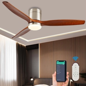 52 Inch Low Profile Ceiling Fan With Lights 3 Wood Fan Blade Noiseless Reversible DC Motor Remote Control Flush Mount Ceiling Fan With Light for Farmhouse Modern Style Contemporary Decor