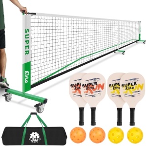 Pickleball Net on Wheels for Easy Mobility, Tournament Regulation Size Perfect for Driveway, Indoor Gym Floor, Pickleball Nets Portable Outdoor with Wheels, 4 Paddles, 4 Balls, Carrying Bag