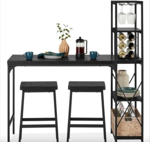 3-Piece Bar Height Dining Set w/ Bottle Rack, Glass Storage, 5 Shelves