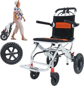 Portable Folding Wheelchair, Travel Wheelchair with handbrake, Ultra-Light Wheelchair for The Elderly and Children (with Bag) (12 inch PU Rear Wheel)